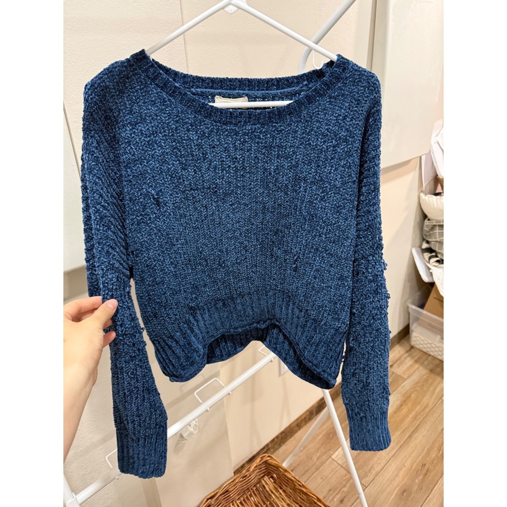 Coastal Cozy Fall Cropped Chenille Knit Blue Sweater